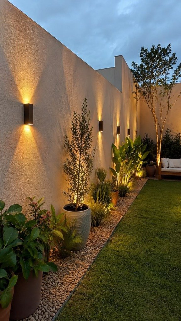 Ambiente paisagístico com iluminação cênica e vegetação tropical - Flora Jardim